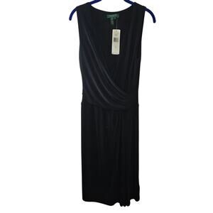 Lauren Ralph Lauren Black Faux Wrap Deep V-Neck Sleeveless Dress Size 4 NWT